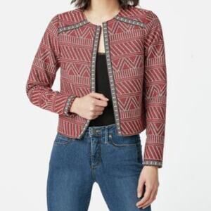 JustFab Jacquard Red Moto Boho Indie Tribal Print Cropped Blazer Jacket XS NWT